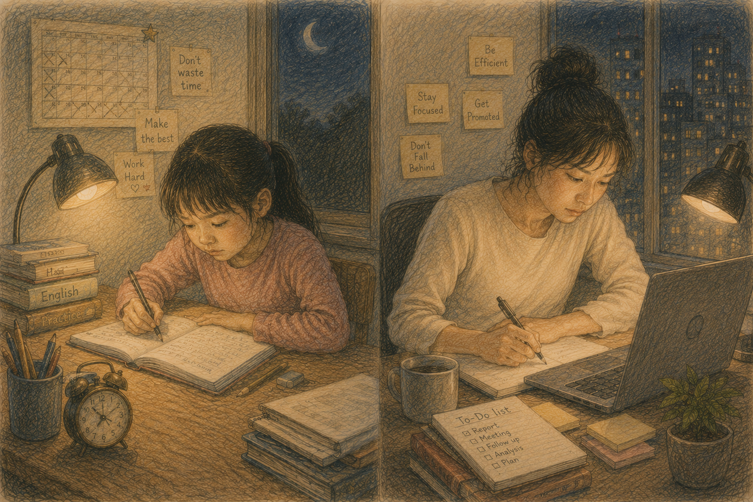 Child and adult shown in similar hardworking postures, illustrating how productivity patterns can continue across life stages.