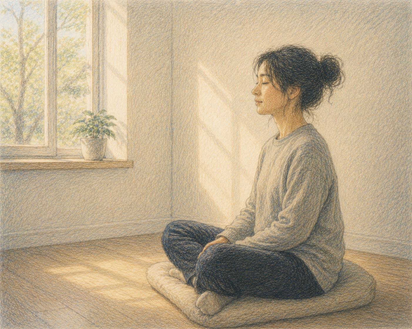 Individual resting in a quiet room, symbolizing the beginning of noticing thoughts, emotions, and body sensations.