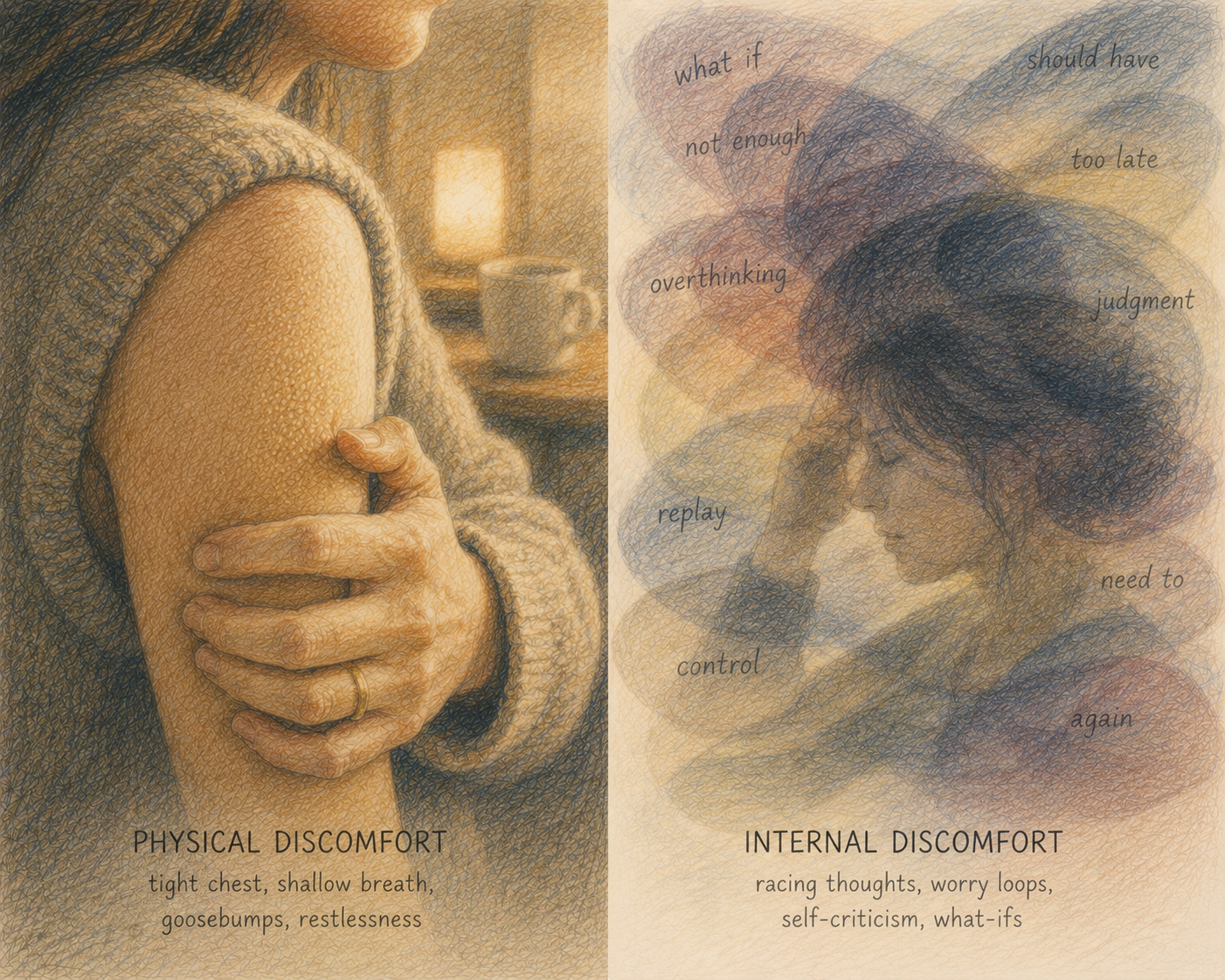 Split illustration contrasting physical sensations with internal thoughts and emotions during quiet moments.