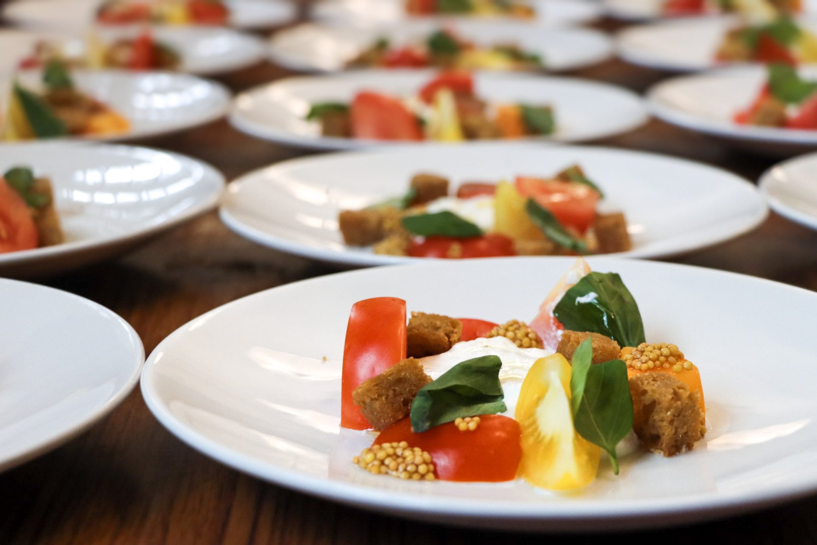 Multiple white plates of salad with tomatoes, greens, croutons, and mustard seeds on a wooden table.