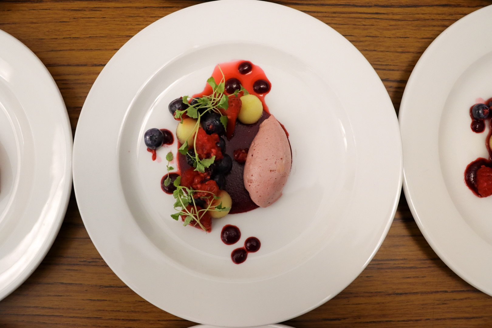 Dessert plate with berry sauce, blueberries, melon balls, a scoop of pink ice cream, and green garnish on a white plate.