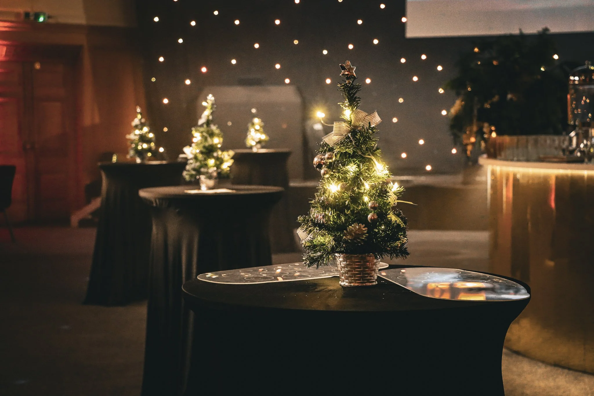 A small decorated Christmas tree with lights, ornaments, a bow, and a star on top, placed on a table in a dimly lit room decorated with string lights.