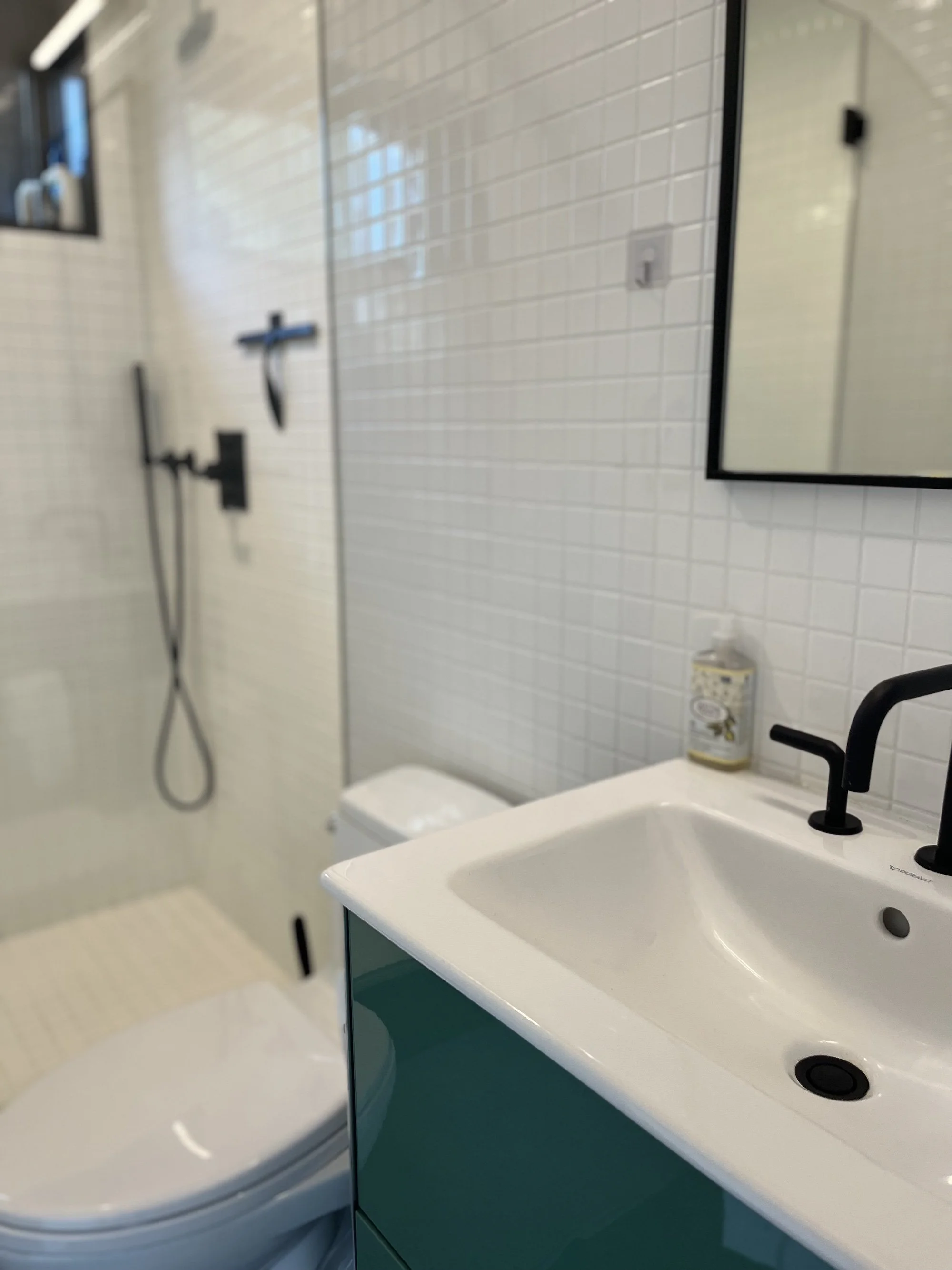 photo of Fellow's quarters bathroom with sink, mirror, toilet and stall shower