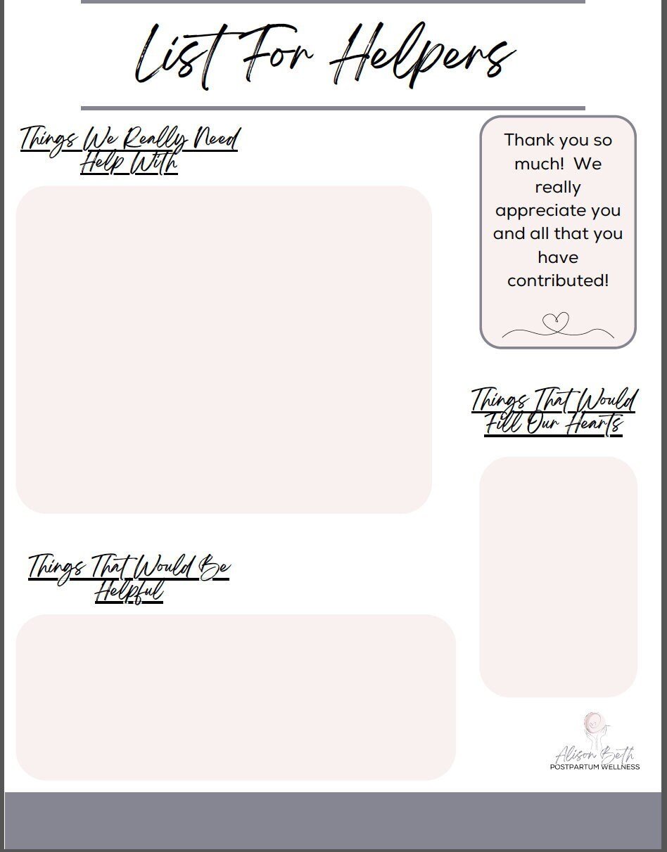 Printable List for Helpers During Postpartum