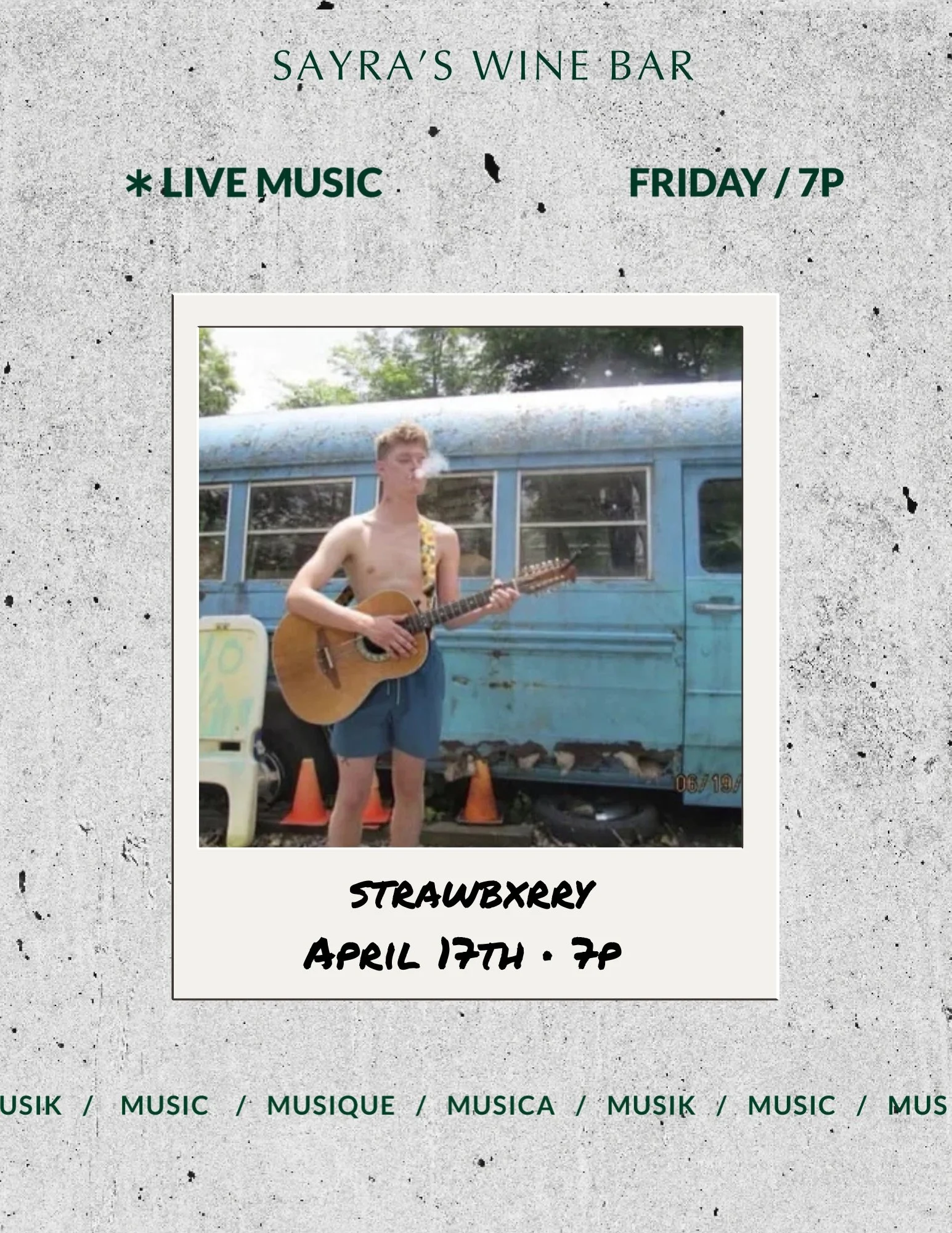 Flyer with photo of musician Strawberry and performance date friday April 17 at 7p