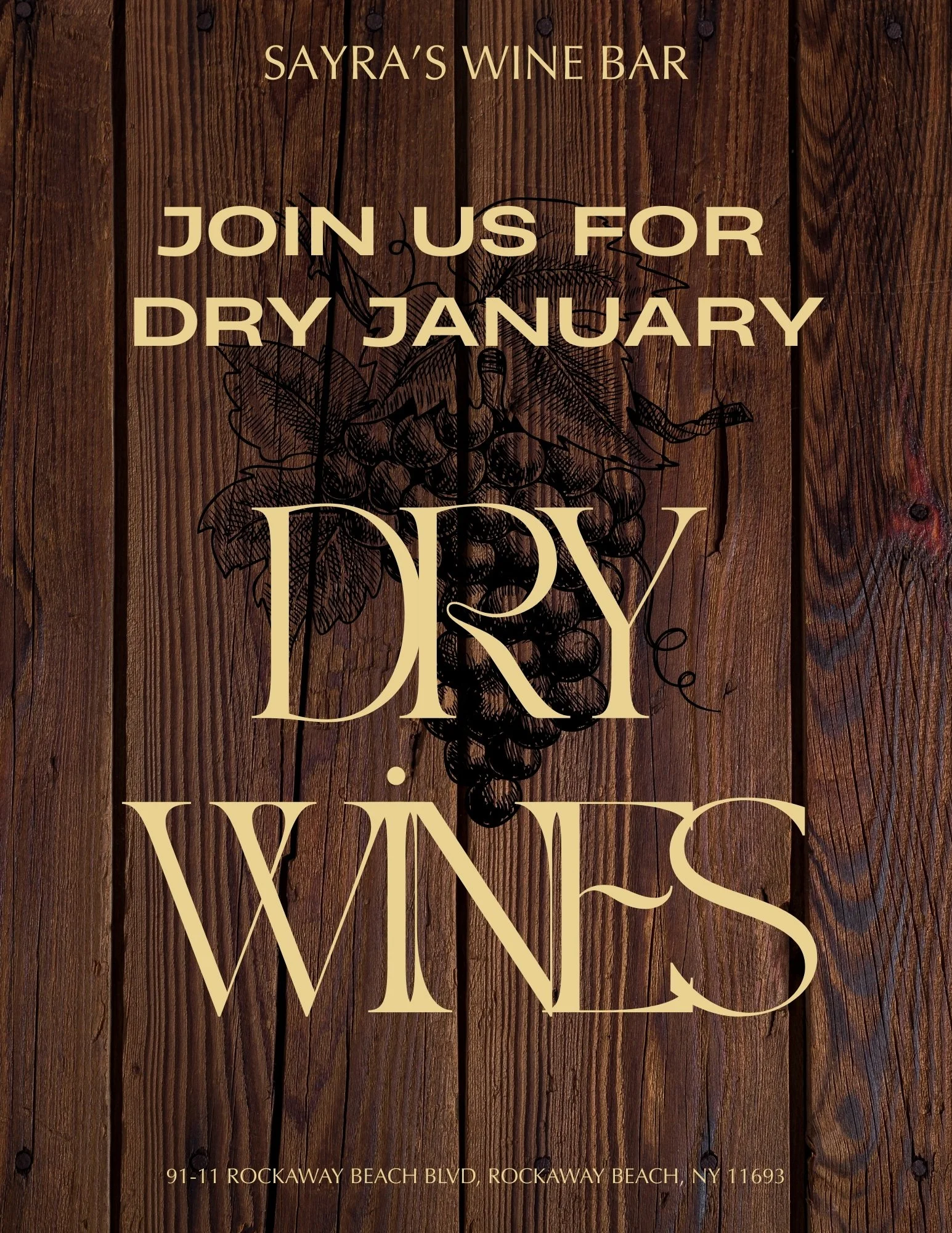 flyer promoting dry wines with ink sketch of grapes on wood