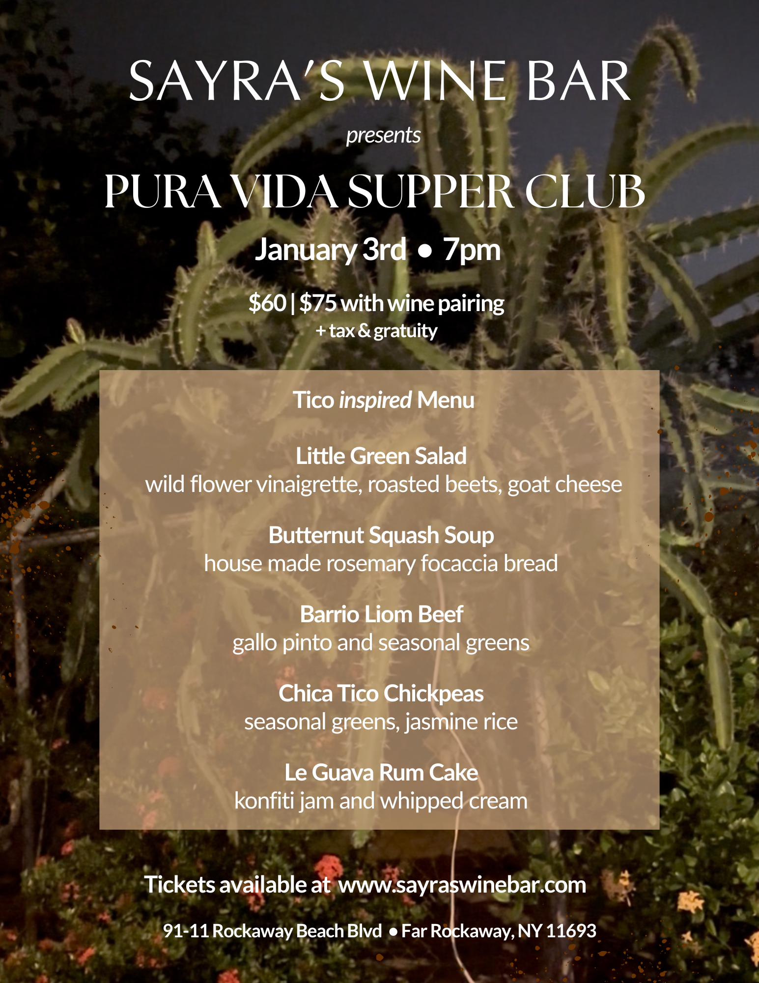 Flyer for January supper club event with drawing of two hands cheering with wine glass and menu, pricing, date and time details