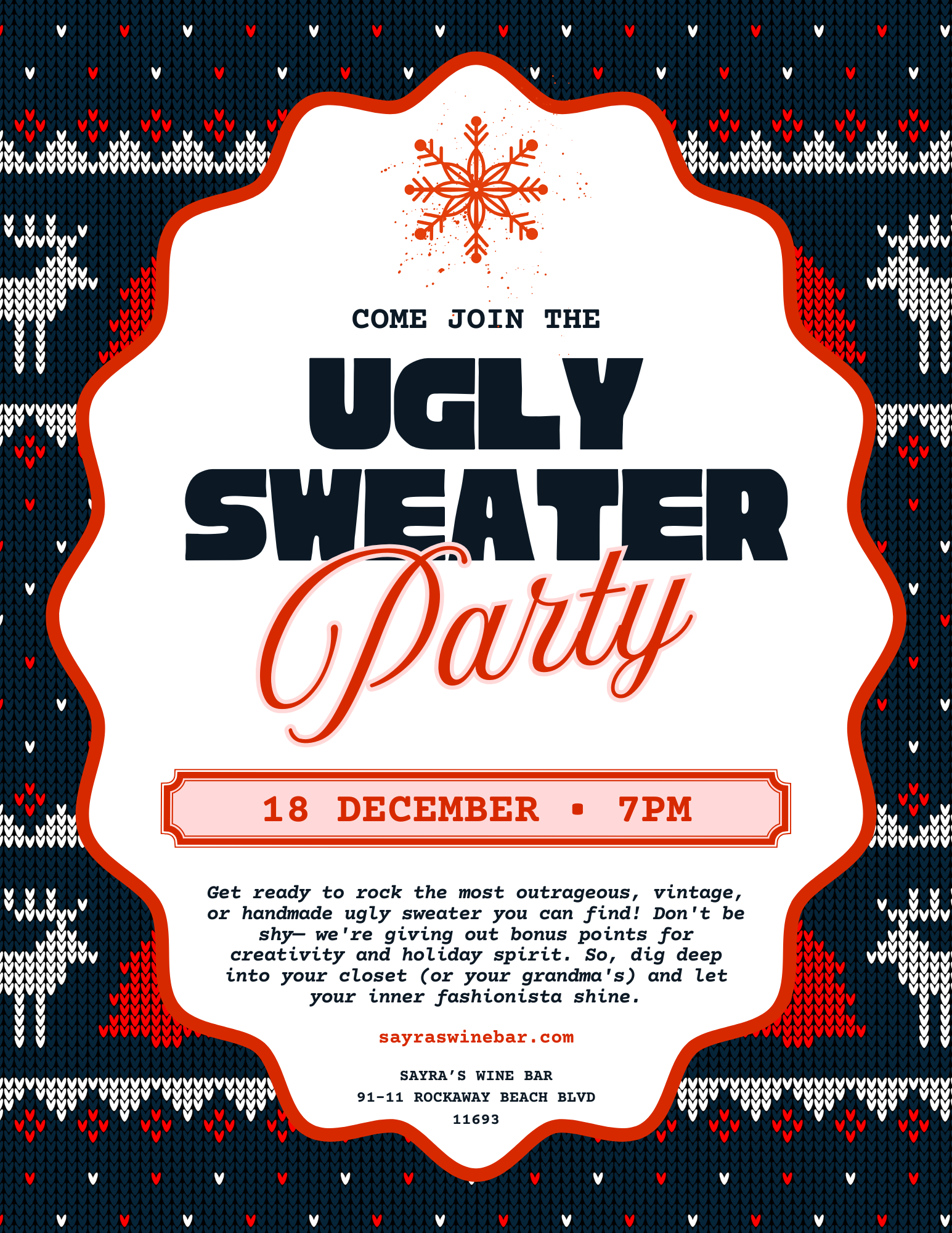 flyer for ugly sweater party december 18th 7pm