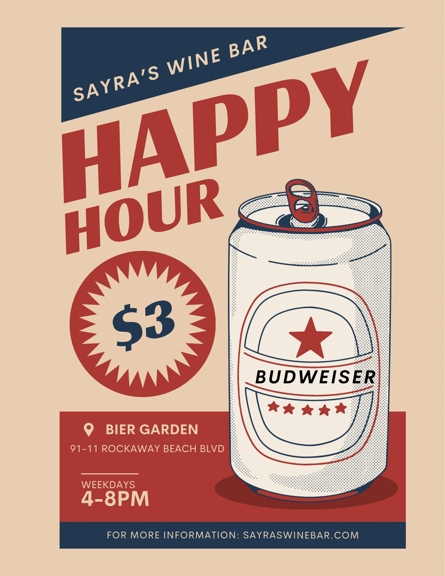 Flyer for Happy Hour Weekdays 3p $3 Budweiser