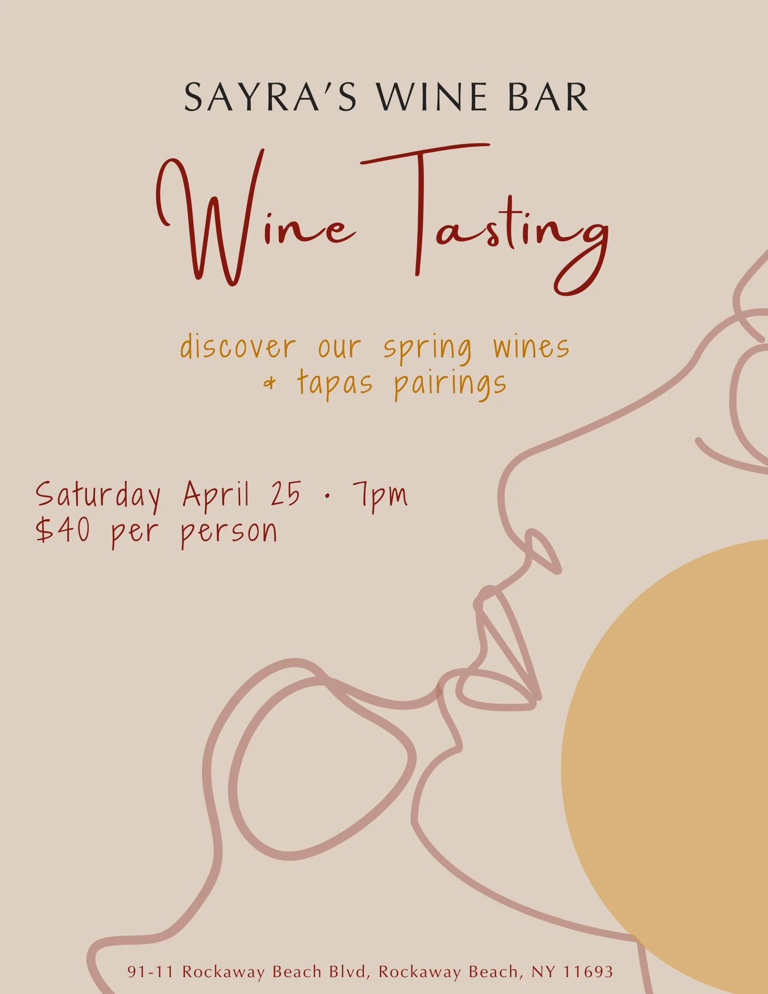 flyer with line drawing of figure tasting wine for wine tasting event April 25 at 7p for $40 per person