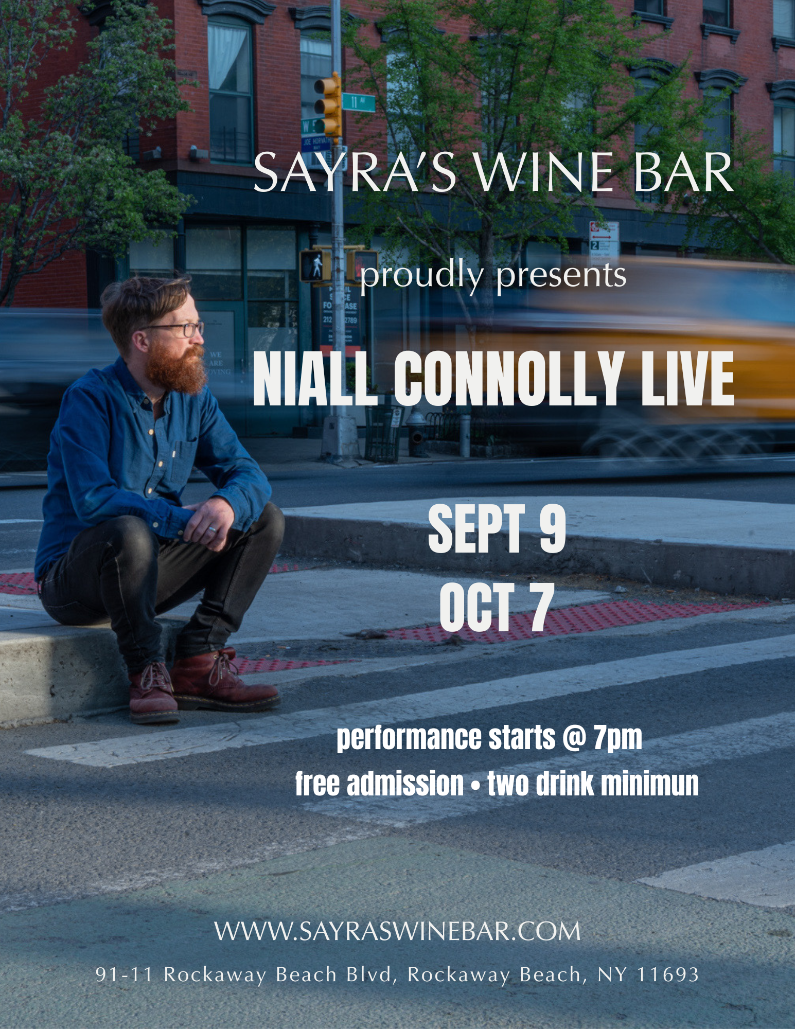 Flyer for Live Music with Niall Connolly Sept 9 and Oct 7 at 7p