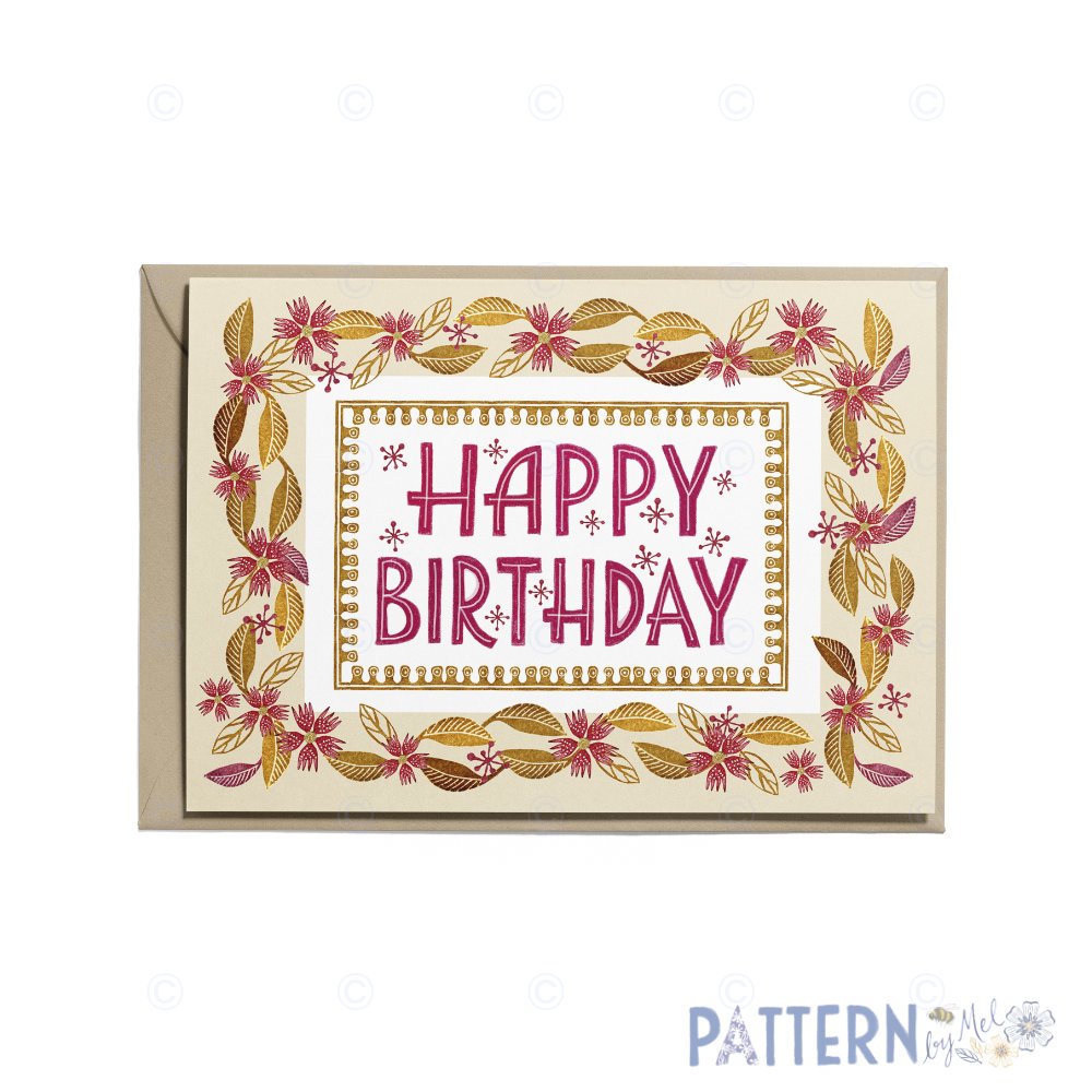 Happy Birthday card - Floral border (Design - Evelyn)