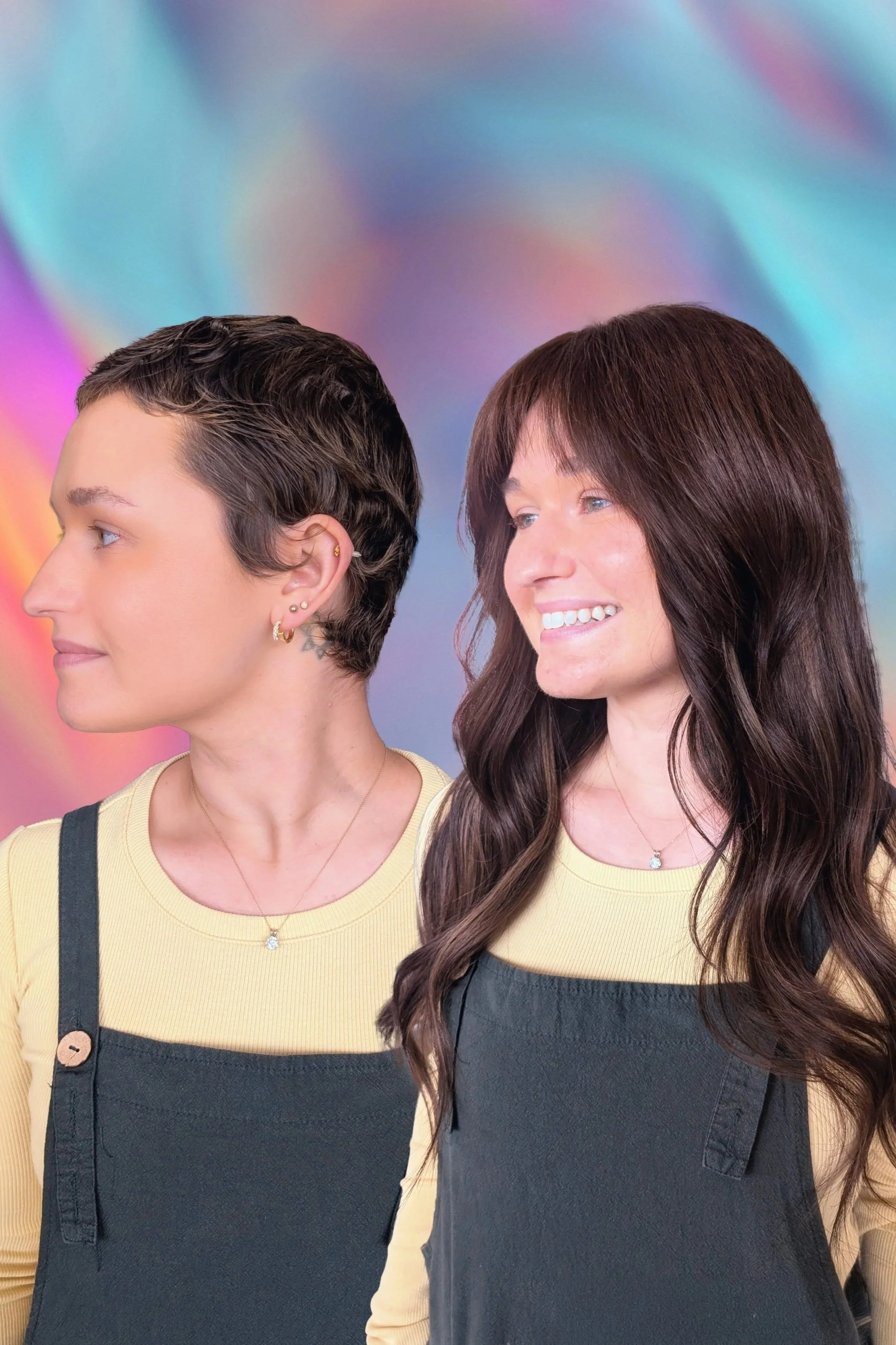 Two women with side part hairstyles covering their faces with their hands, one with dark hair and the other with light brown hair, in a hair salon.