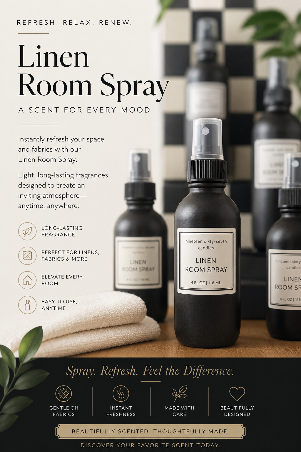 Linen & Room Spray — refresh, relax, renew. Explore fragrance options in Custom Studio.