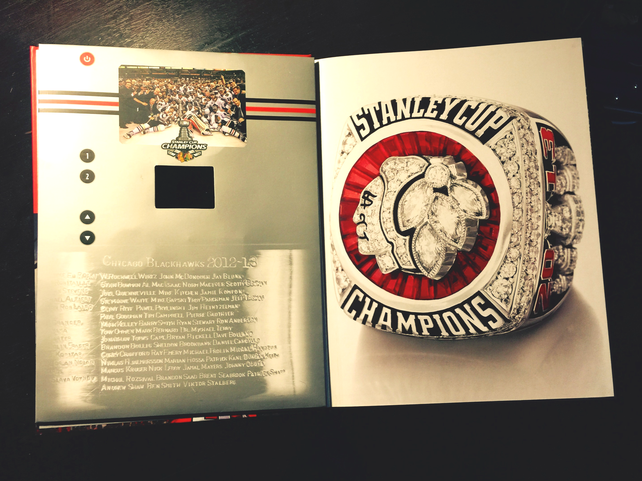 Interior of hardbound 12 X 9 video book made for the Chicago Blackhawks. 50,000 books were made in several weeks prior to Christmas and sold in the Blackhawks store on Michigan Ave. in Chicago.