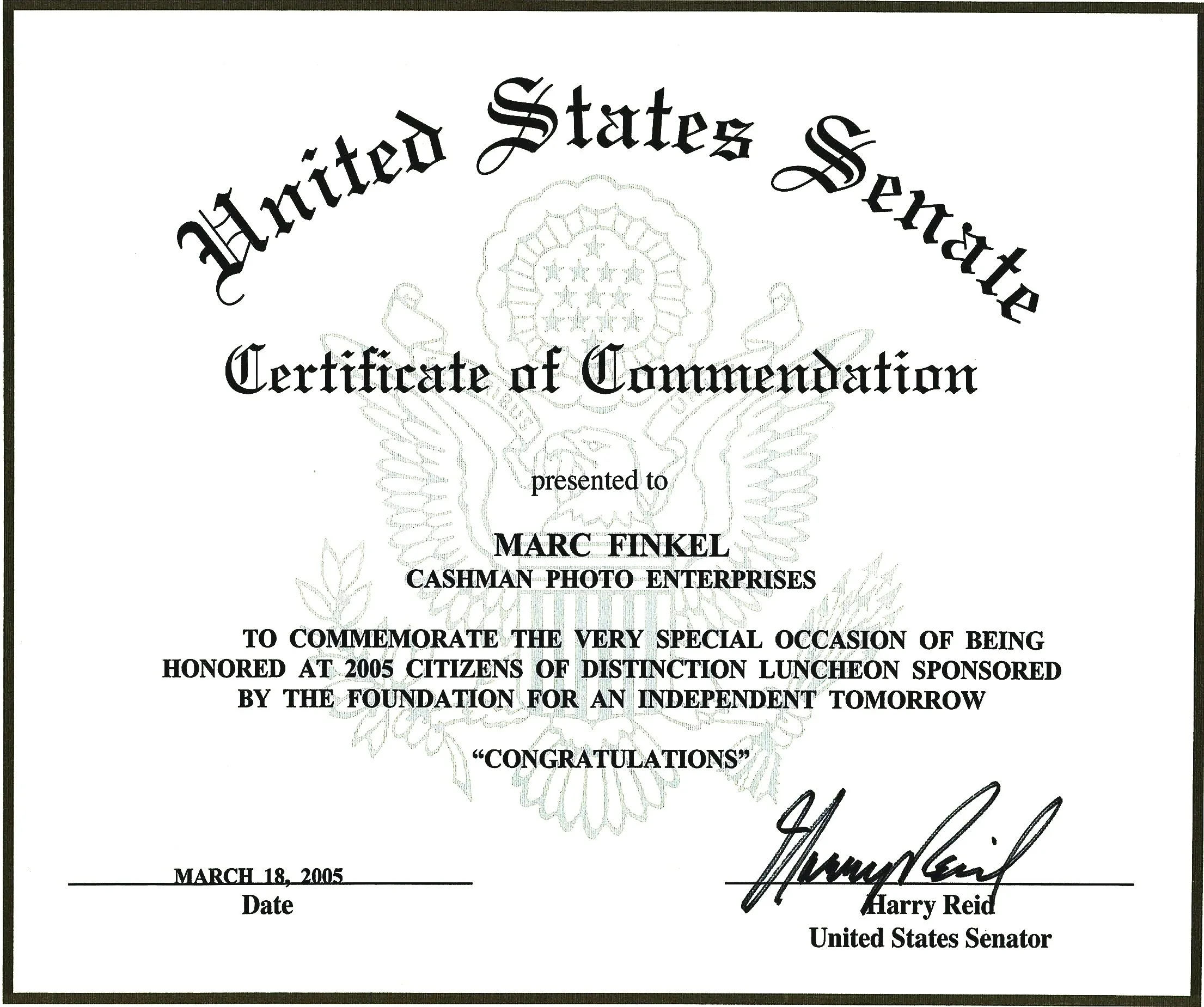 Senator Harry Reid recognizes the work of Marc Barry Finkel