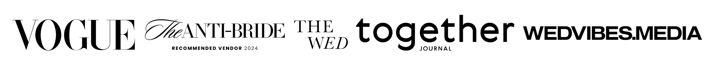 A black and white graphic featuring various magazine and publication titles, including 'VOGUE', 'The ABRIDE', 'The WED', and 'together WED', with some smaller text referencing a recommended vendor for 2024.