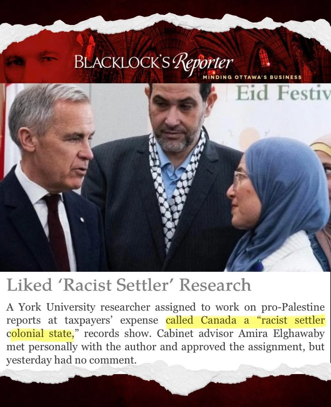 ‼️The story continues&hellip;

The Liberal appointed Special Representative on Combatting Islamophobia, Amira Elghawaby, spent taxpayer dollars on a pro-Palestine research project at York University which labelled Canada as a &ldquo;racist settler co