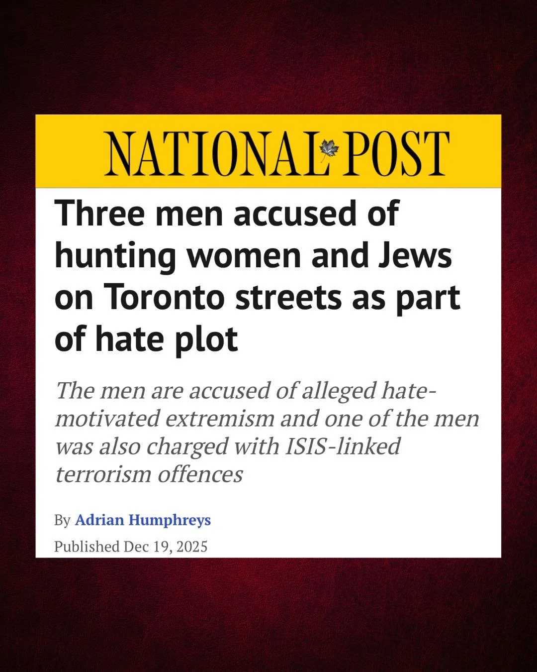 Three men, including one with ISIS links, were plotting terrible attacks against women and the Jewish community. 

A huge thank you to law enforcement who stopped this attack from unfolding. 

As Parliamentarians, we must speak out against vile plots