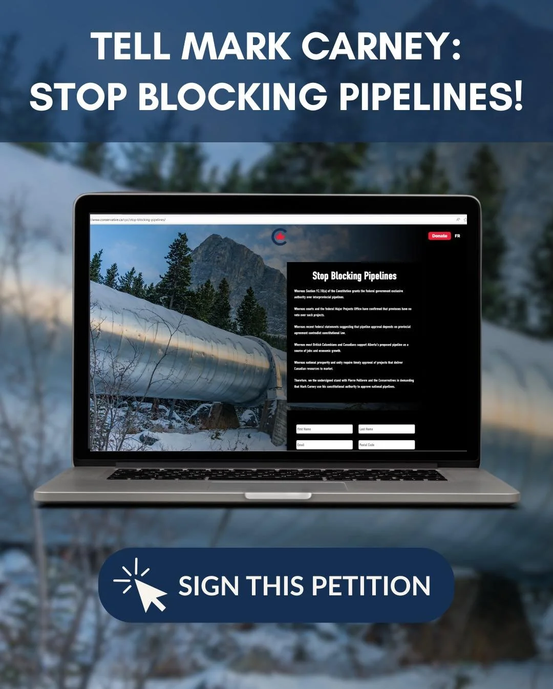 ‼️Canada must act now‼️

The US will likely replace Canadian oil with Venezuelan oil.

Mark Carney must build a Pacific Pipeline to access other markets and protect Canada&rsquo;s economy.

If you agree, please sign the petition. 

https://www.conser