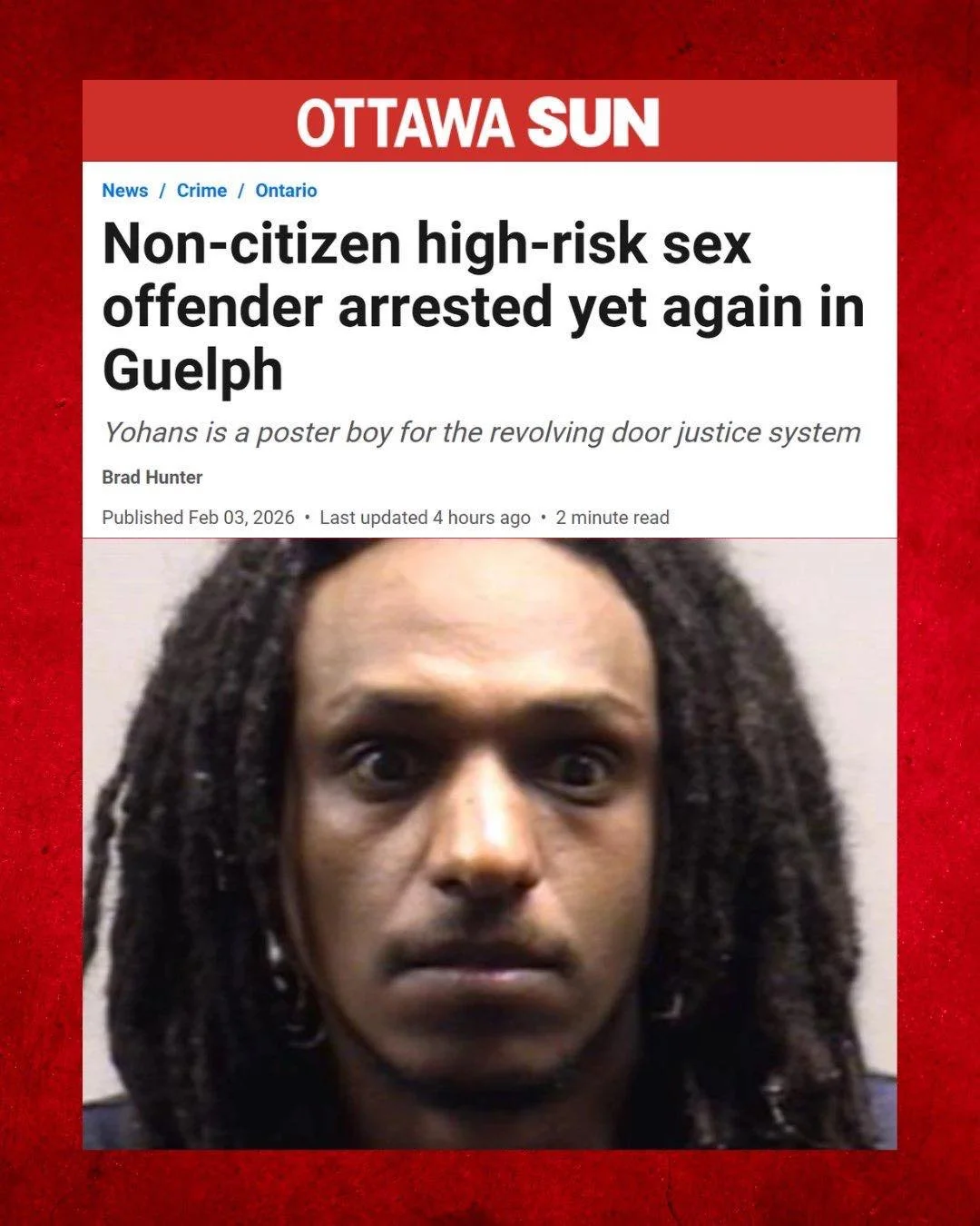 Unbelievable.

Three public police warnings. A long history of violence and sexual assault. Repeated breaches of probation.

This man is not a citizen. 

Yet bail keeps being granted and CBSA still hasn&rsquo;t acted. 

This is the reality of a broke