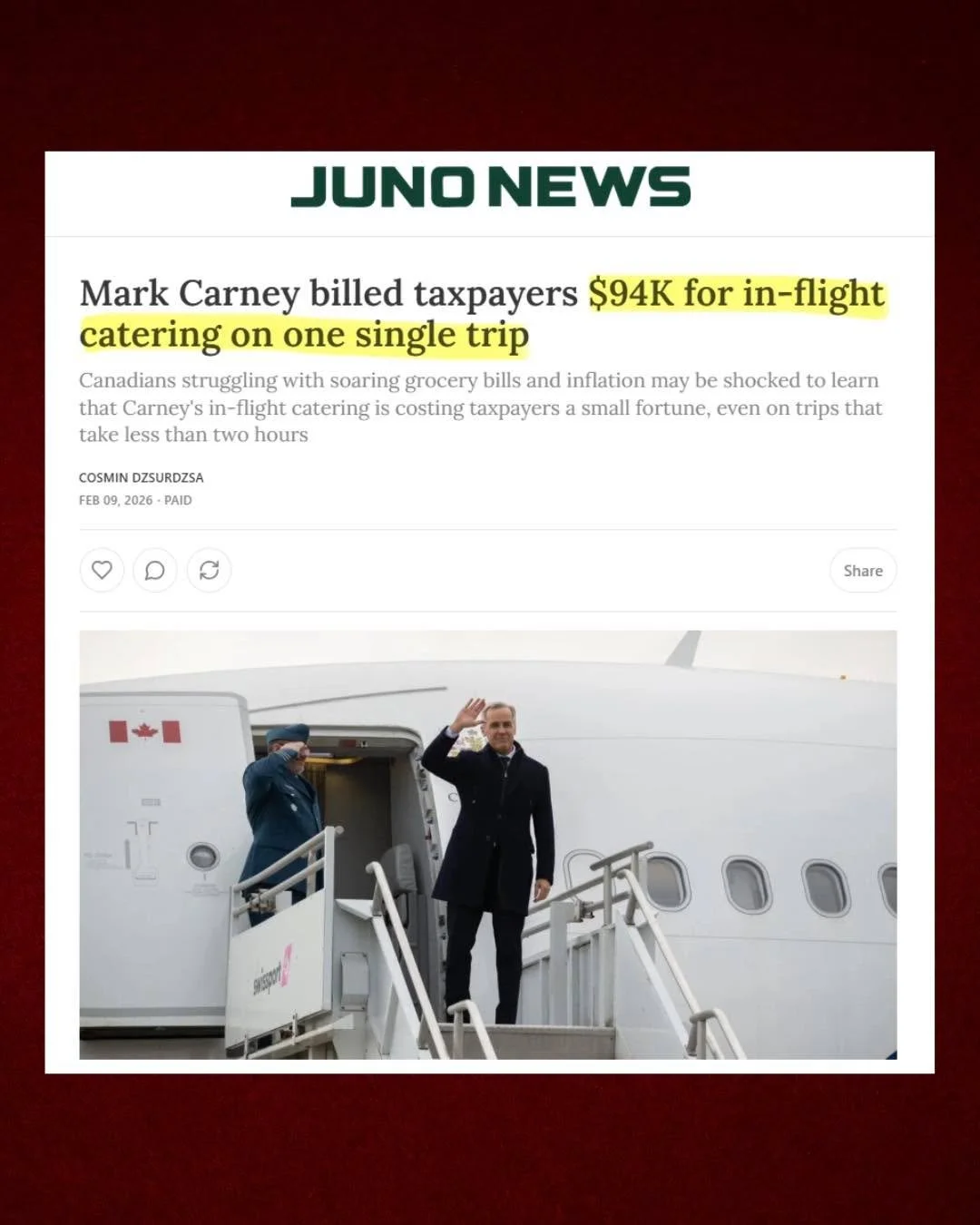 While Canadians struggle with everyday groceries and the price of gas, Mark Carney billed taxpayers a shocking $94K for in-flight catering for ONE SINGLE TRIP!

This is the epitome of tone-deaf, out-of-touch elitism &mdash; champagne tastes on the ta