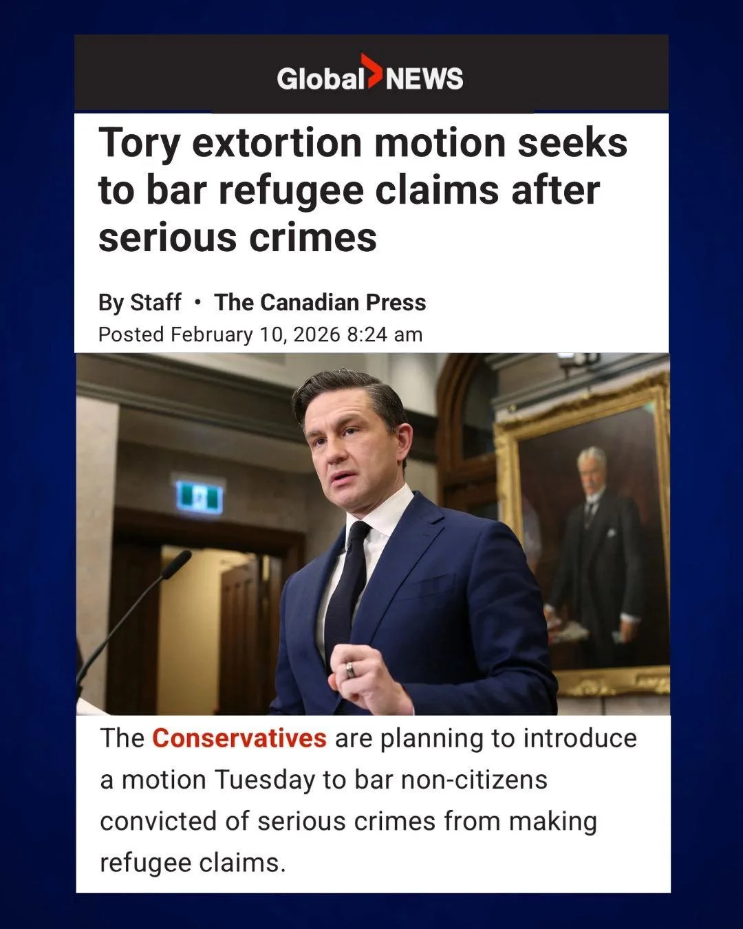 Extortion is up 330% under Prime Minister Carney.

Yet Liberals continue to protect violent non-citizens with soft-on-crime laws that reduce jail time for serious offences and make it easier for repeat and dangerous offenders to get bail.

Conservati