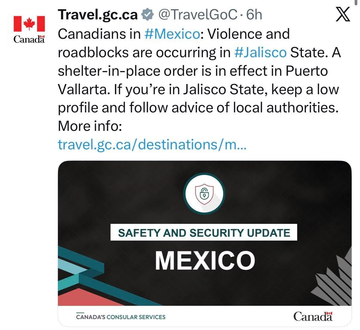 To Canadians in the state of Jalisco, Mexico, please register with Global Affairs Canada. 

Registering will allow you to receive updates from Global Affairs during this evolving situation. 

Use this link to register: https://travel.gc.ca/destinatio