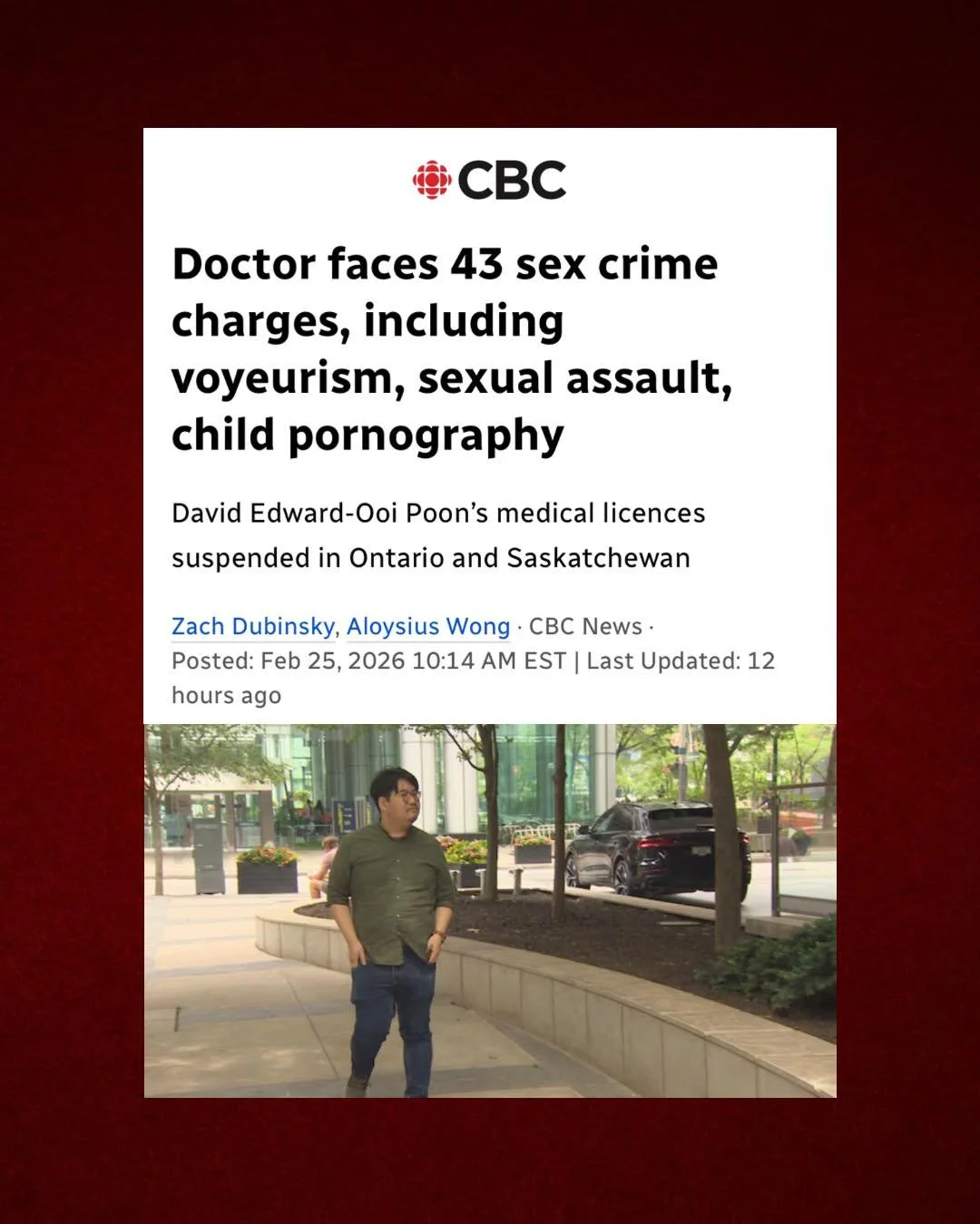This is vile and deeply disturbing.

A Toronto doctor is facing 43 charges, including multiple counts of sexual assault and the making and possession of child sexual abuse material.

Every charge represents at least one victim. Every victim deserves 