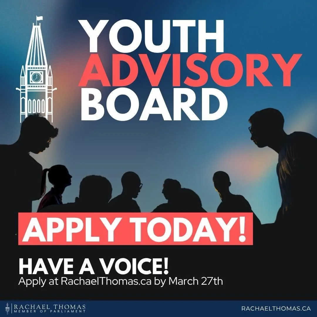Are you between 16 and 24 and curious about federal politics? I want to hear from you!

Applications for my Youth Advisory Board are due by Friday.

Don&rsquo;t miss your chance to apply for a seat at the table. 

https://www.rachaelthomas.ca/yab
