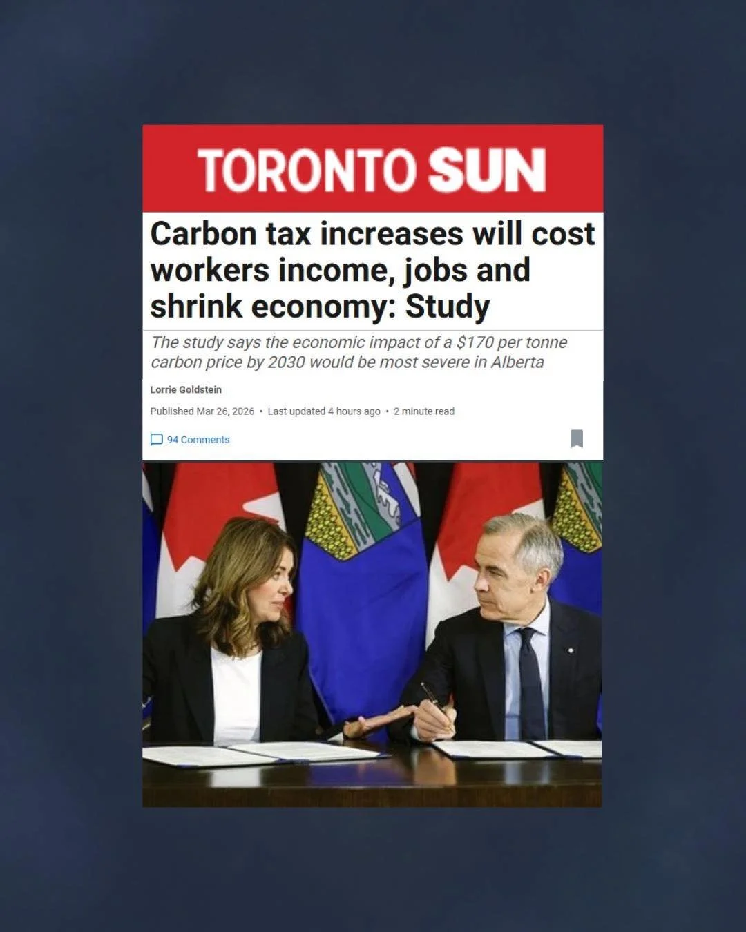 The Liberal government&rsquo;s industrial carbon tax plan for 2030 will punish workers and drive away investment.
 
❌$1,160 per worker lost every year
❌50,000 jobs gone nationwide
 
Alberta will be hit hardest:
❌$1,730 per worker lost annually
❌10,00