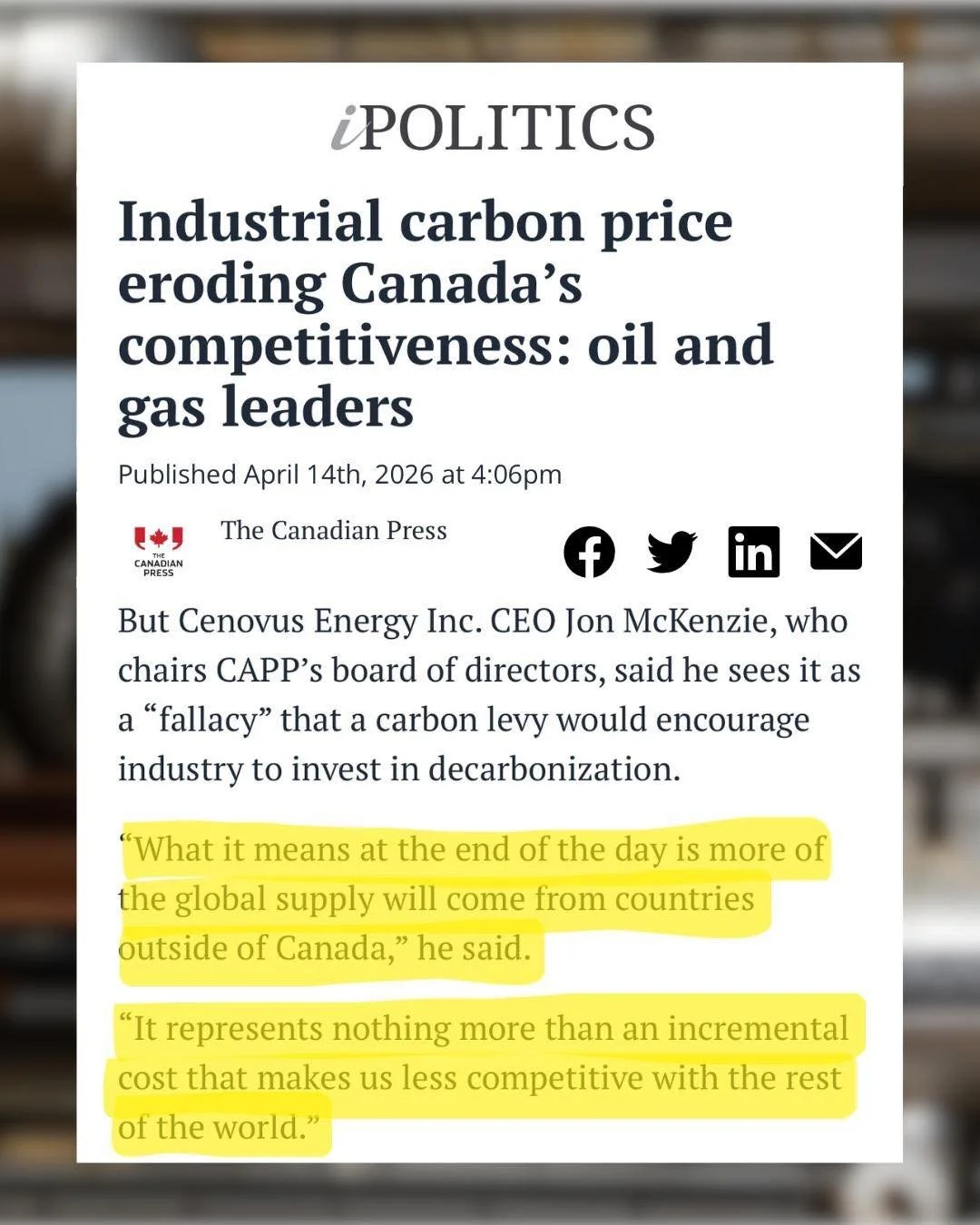 Canada has what the world needs: reliable, responsible energy.

But instead of stepping up, the Liberals are piling on taxes that make Canada less competitive.

Industry leaders are clear: the industrial carbon tax is driving investment away and hand