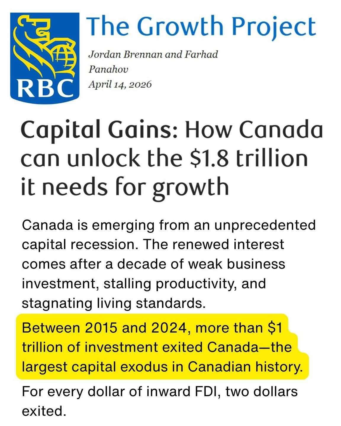 A new report from RBC reveals a staggering reality: Canada lost $1 trillion in investment between 2015 and 2024.

After 10+ years of Liberal mismanagement and punitive policies, the results are clear and deeply concerning.

This type of capital fligh