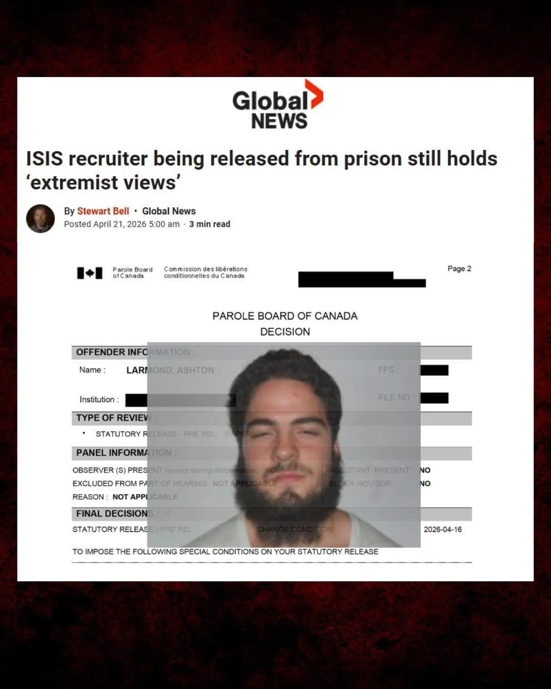Our justice system is in shambles.

The Parole Board of Canada has released an ISIS recruiter, while admitting that he remains radicalized and poses a danger to the public.

Thanks to Liberal laws, the parole board is required to release him after on
