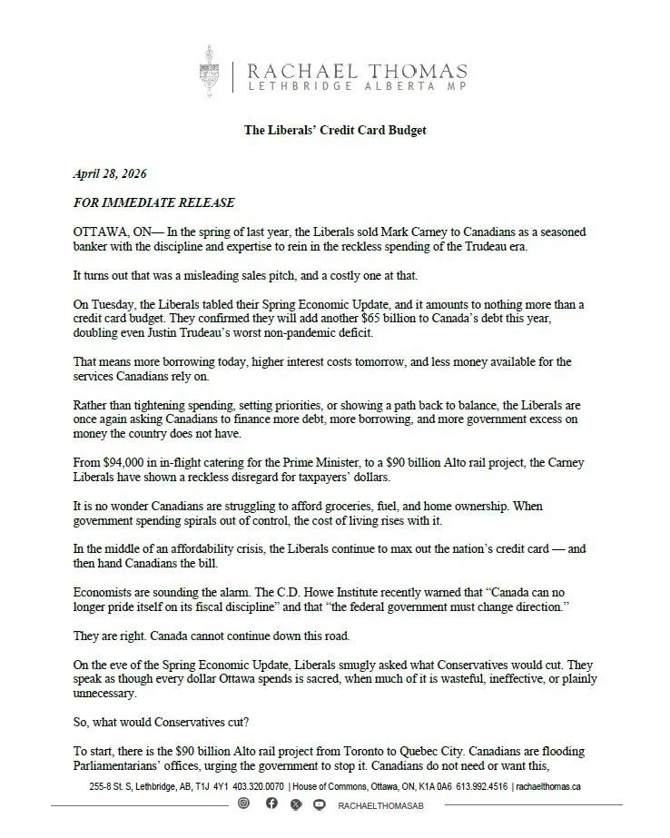 The Carney Liberals promised fiscal discipline, but they just tabled a $67 billion deficit, doubling where Trudeau left off. 

While Mark Carney maxes out the national credit card on $20B for consultants and a $90B rail project, Canadians are left wi