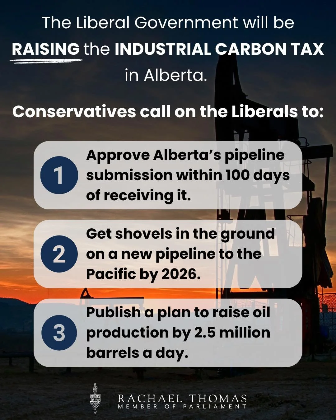 As we anticipate the Prime Minister&rsquo;s announcement regarding Alberta&rsquo;s MOU, Conservatives are asking for 3 things: 

✔️ Approve Alberta&rsquo;s pipeline submission within 100 days of receiving it. 

✔️ Get shovels in the ground on a new p