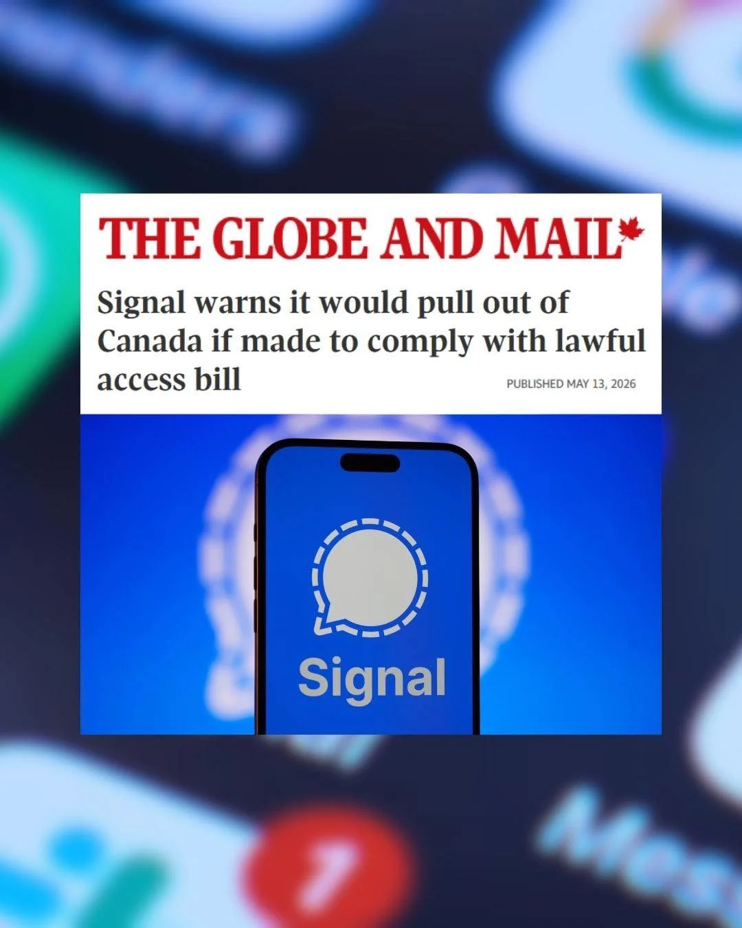 Carney&rsquo;s lawful access agenda is so intrusive that Signal says it would rather LEAVE Canada than compromise user privacy. 

Social media experts are saying that Bill C-22 could unwillingly conscript private companies into state surveillance act
