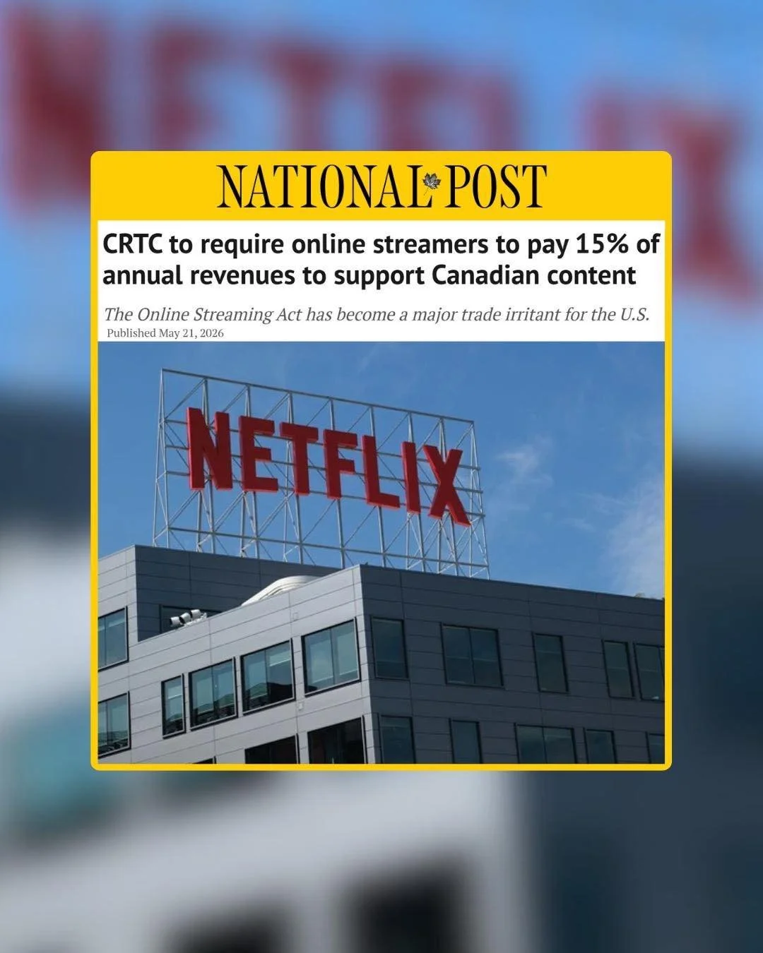 The CRTC just announced it will tax streaming services an extra 15% to support &ldquo;Canadian content.&rdquo; This is up from their first demand of 5%&mdash; which is in the courts. 

That&rsquo;s exactly how you drive business out of Canada and inc