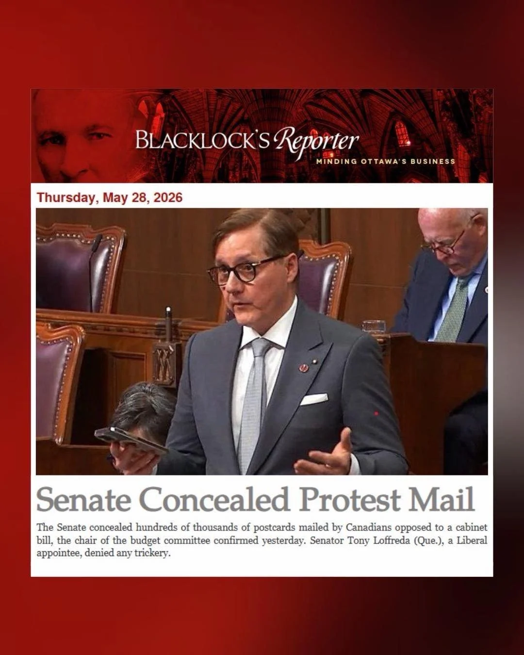 This is a blatant assault on fundamental rights.

How are Senators supposed to represent the people if Canadians&rsquo; voices are being silenced?

Over 200,000 postcards addressed to the Senate have been withheld from Senators and kept in a warehous