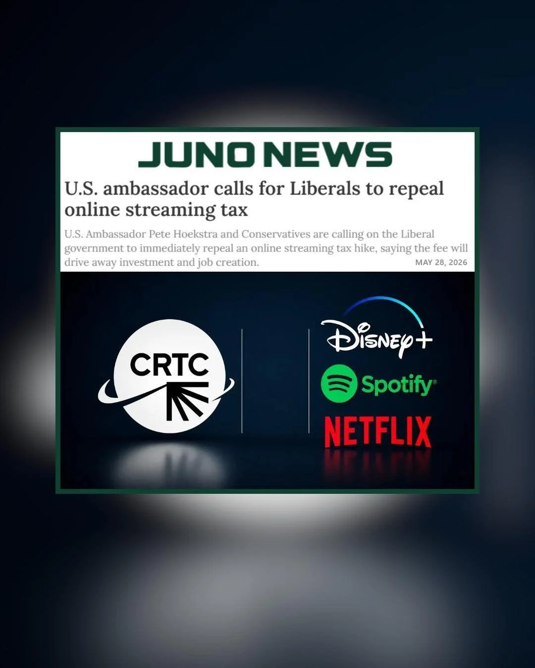 The Liberals&rsquo; online streaming tax is now raising alarms beyond Canada&rsquo;s borders. 

U.S. Ambassador Pete Hoekstra says that the CRTC&rsquo;s decision to triple the streaming tax is &ldquo;making a bad situation worse&rdquo; and &ldquo;put