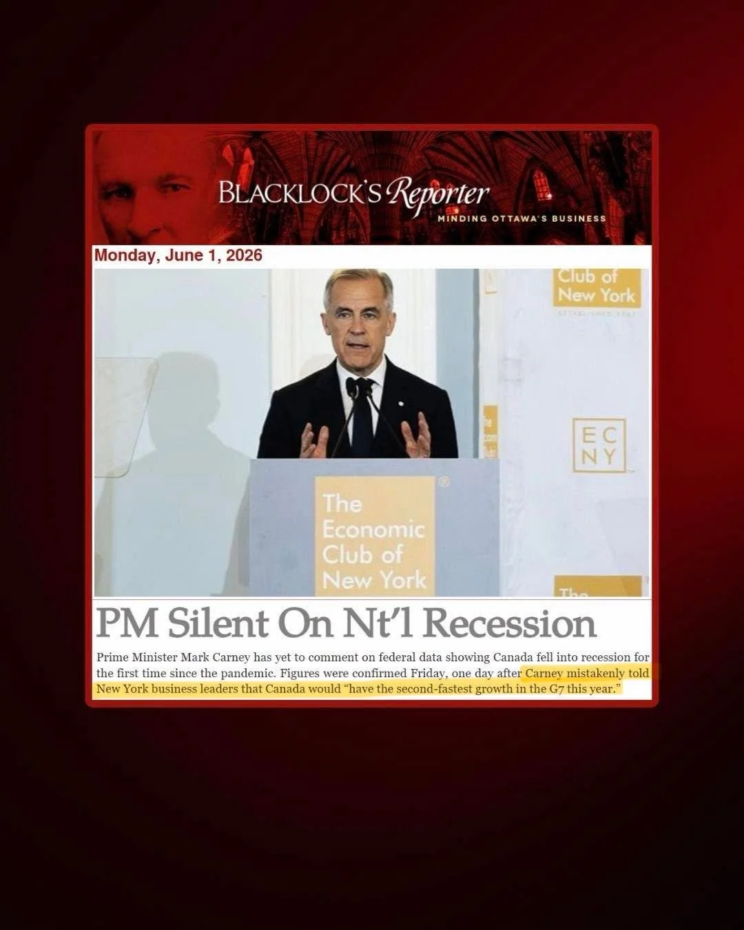 Mark Carney promised the fastest growing economy on the G7. 

Instead, he&rsquo;s the only G7 leader to take his country into a recession.

Canada&rsquo;s economy has shrunk in 3 of the last 4 quarters under Carney&rsquo;s leadership, household savin