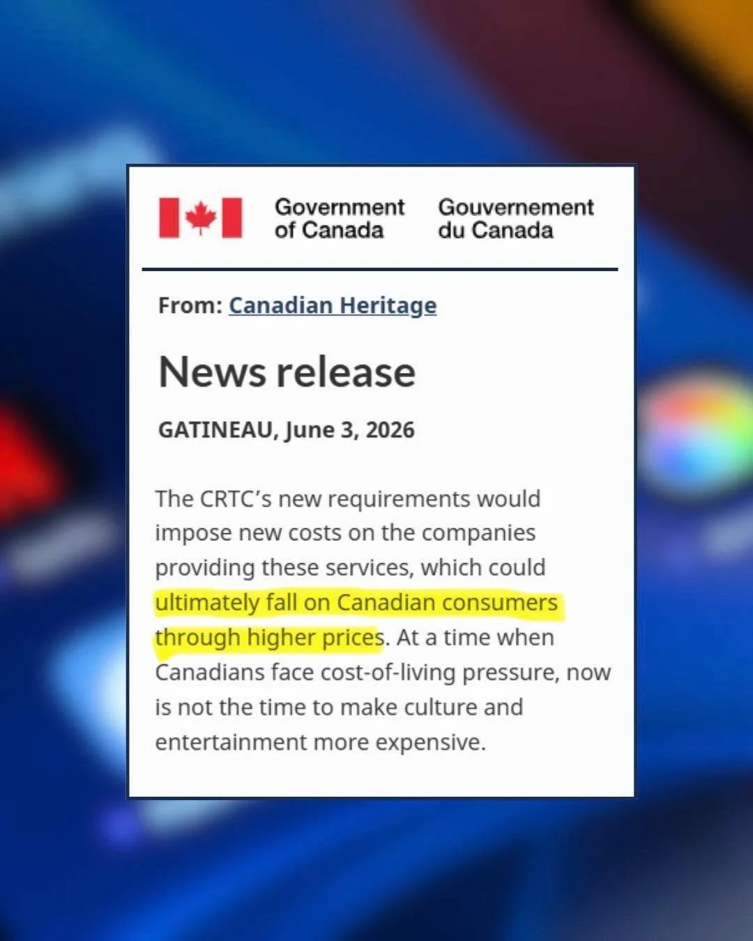 After weeks of denying reality, the Liberals are finally admitting  what Conservatives have said along. 

But it&rsquo;s too late. The CRTC&rsquo;s decision to triple the streaming tax from 5% to 15% has already done its damage. Streaming companies l