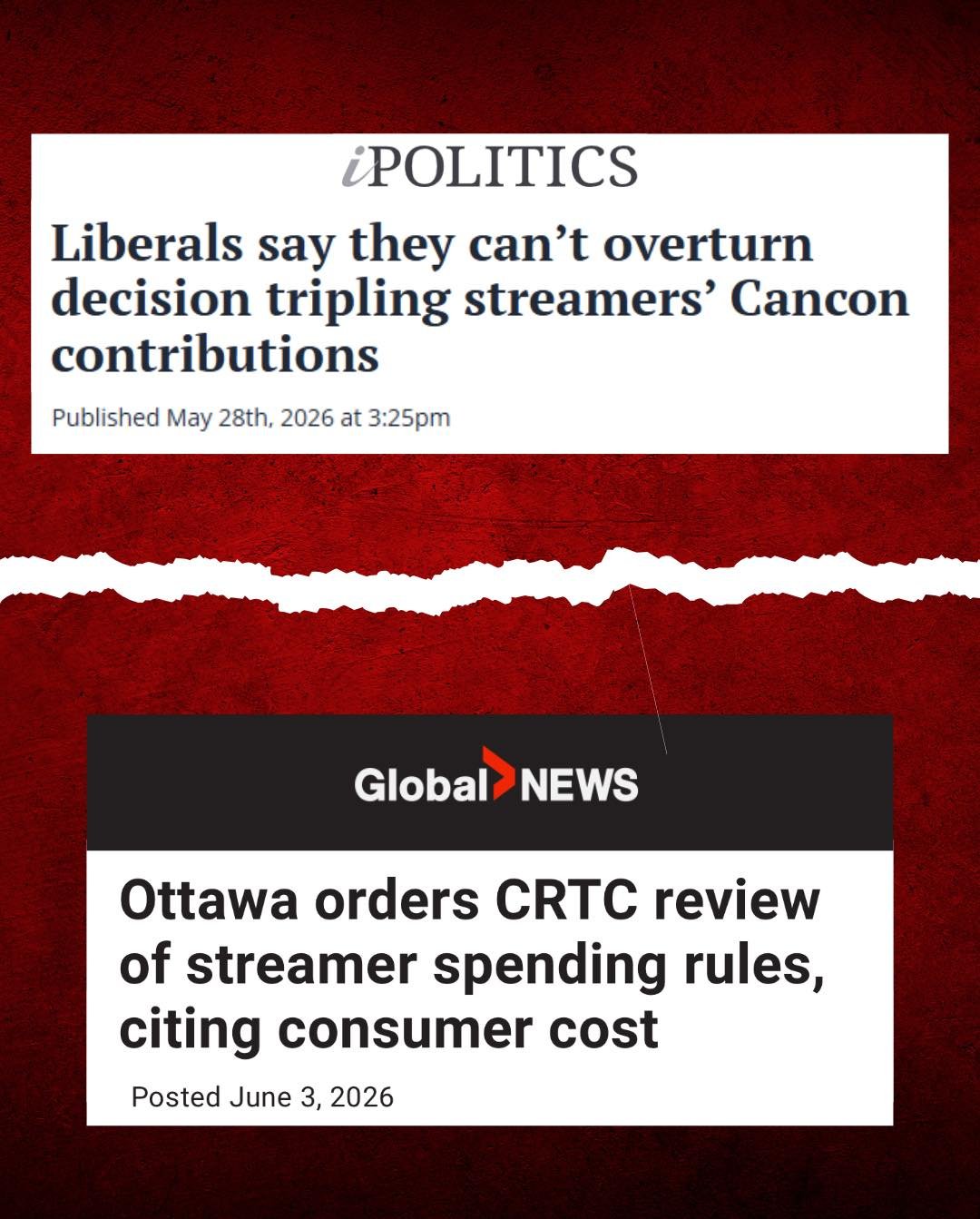 🚨The Liberals are backpedaling! 

Last week they said they couldn&rsquo;t do anything about the CRTC&rsquo;s decision to triple the streaming tax and voted against our Conservative motion to reject the costly increase. 

Today, the Liberals said the