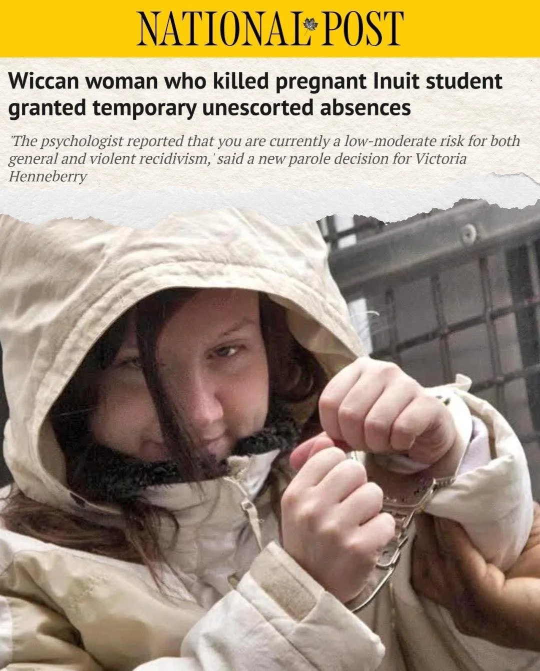 This is disgusting.

Loretta Saunders was 26, pregnant, and had her whole life ahead of her. 

The woman who helped take that life is now being granted unescorted temporary absences, even after a previous release was cut short over rule violations.

