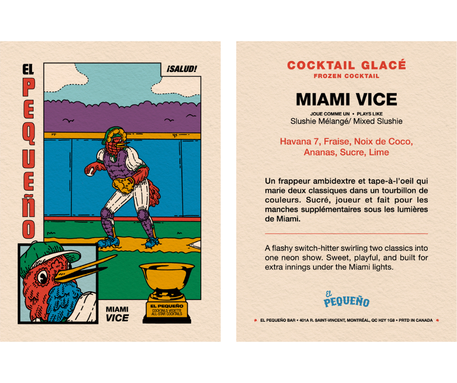 A colorful illustrated beer label for a frozen cocktail called Miami Vice, featuring a baseball player in a purple uniform and an anthropomorphic bird in a baseball cap, with a background of clouds and water. The label includes descriptions in French and English and details about the cocktail.