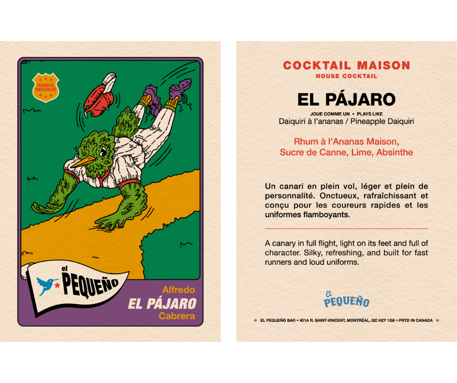 A colorful illustrated trading card features a cartoon flying bird with human-like features, wearing a baseball uniform and sneakers, running on a yellow path surrounded by green grass. The card has a purple border and includes text with the title "El Pájaro" and the name "Alfredo" at the bottom.