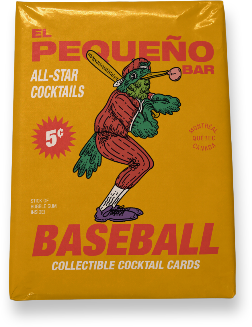 A yellow pack of collectible cocktail cards called 'El Pequeño Baseball', featuring a cartoon bird dressed as a baseball player on the front, with text indicating each card costs 5 cents and contains bubble gum inside.