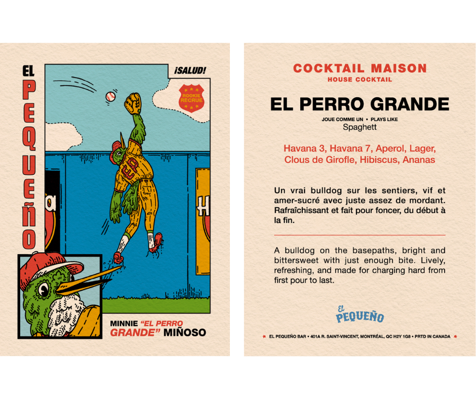 Illustration of a cartoon dog playing baseball, with a bird catching a ball, and a frog bird character in the corner. The text promotes a cocktail named 'El Perro Grande' at a bar.