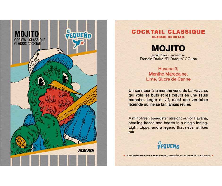 Illustration of a green parrot with a red chest and yellow beak, wearing a white sailor hat, holding a yellow baseball bat, with a blue shirt and a yellow wristband that says 'Bird'.