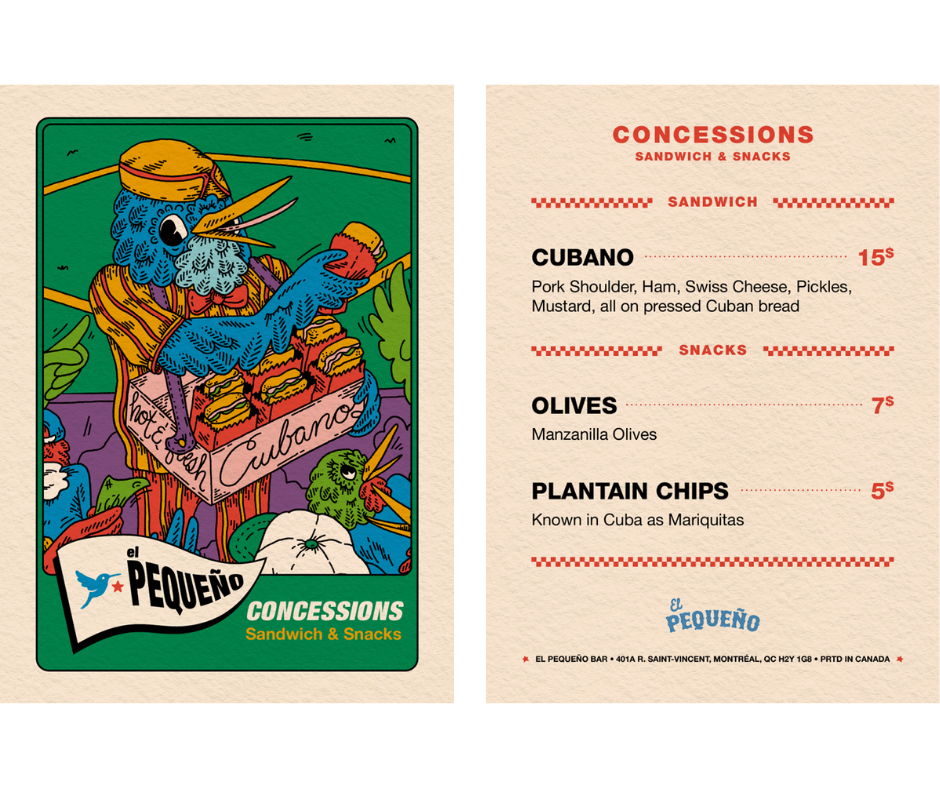Colorful illustration of a bird wearing sunglasses, holding a sandwich and standing behind a box of sandwiches labeled "Cuban". The menu on the right lists Cuban sandwiches and snacks at El Pequeño restaurant in Montreal.